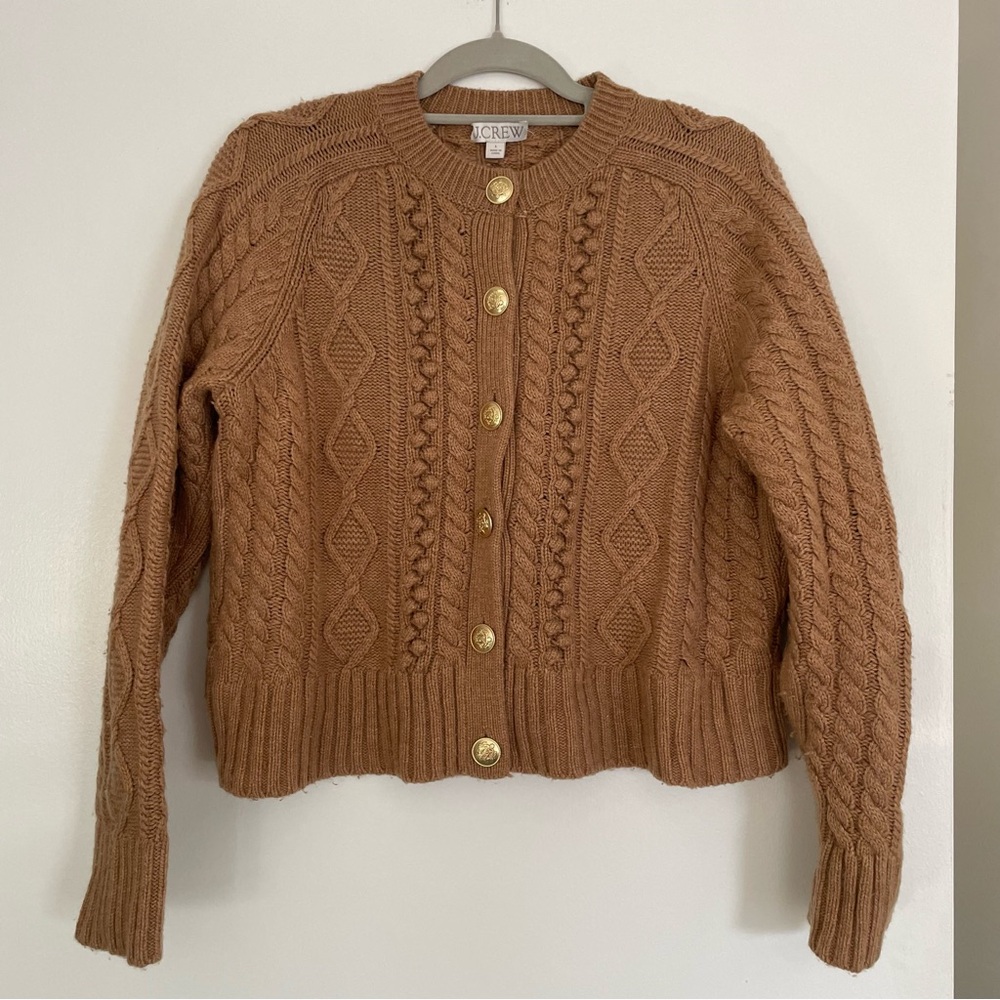 J Crew wool blend Cable Knit Cardigan in Camel Tan